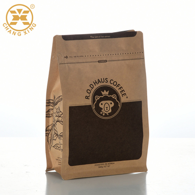 Bolsos de café de papel abonablees de Kraft de la parte inferior plana del cuadrado con la válvula de la cerradura de la cremallera del bolsillo
