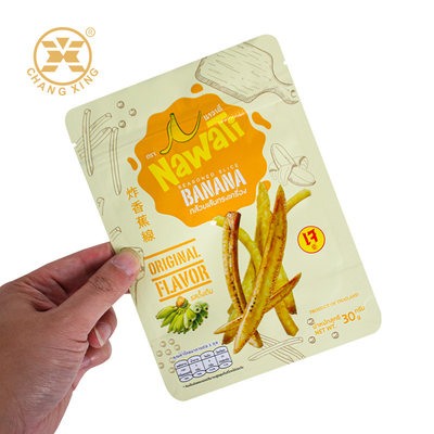 OEM ODM Grado de alimentos Snack Bolsa de embalaje de alimentos Puffing Bolsa de embalaje de plástico Bolsa de cremallera para tiras de plátano fritas Chips