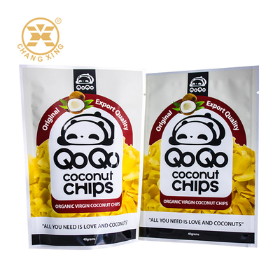 Bolsa de embalaje de bocadillos con logotipo personalizado de calidad alimenticia de calidad superior de PET Estante de cremallera grabado para nueces de anacardos Chips de coco